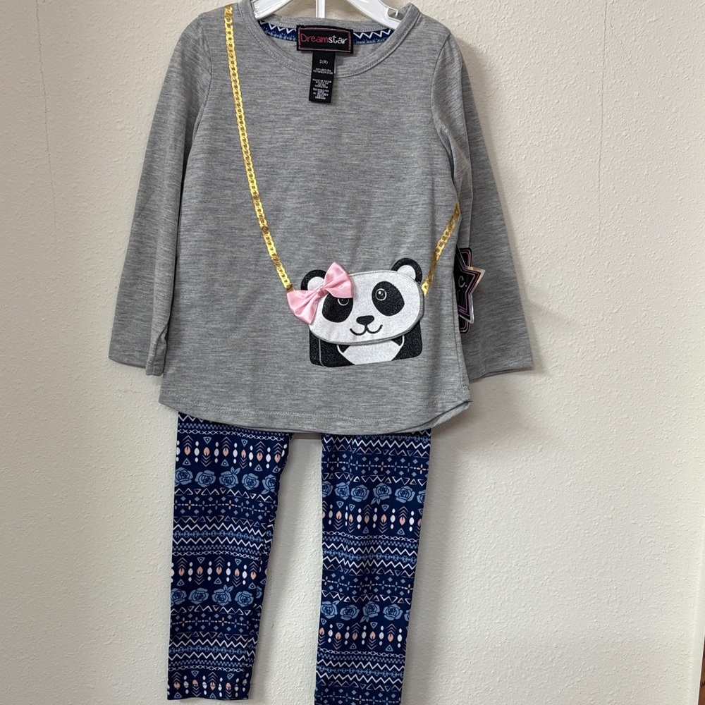 Girls Small/4 Gray and Blue Two Piece Panda Pants Set